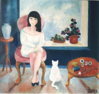 Quadro con Laura mora e gatto bianco